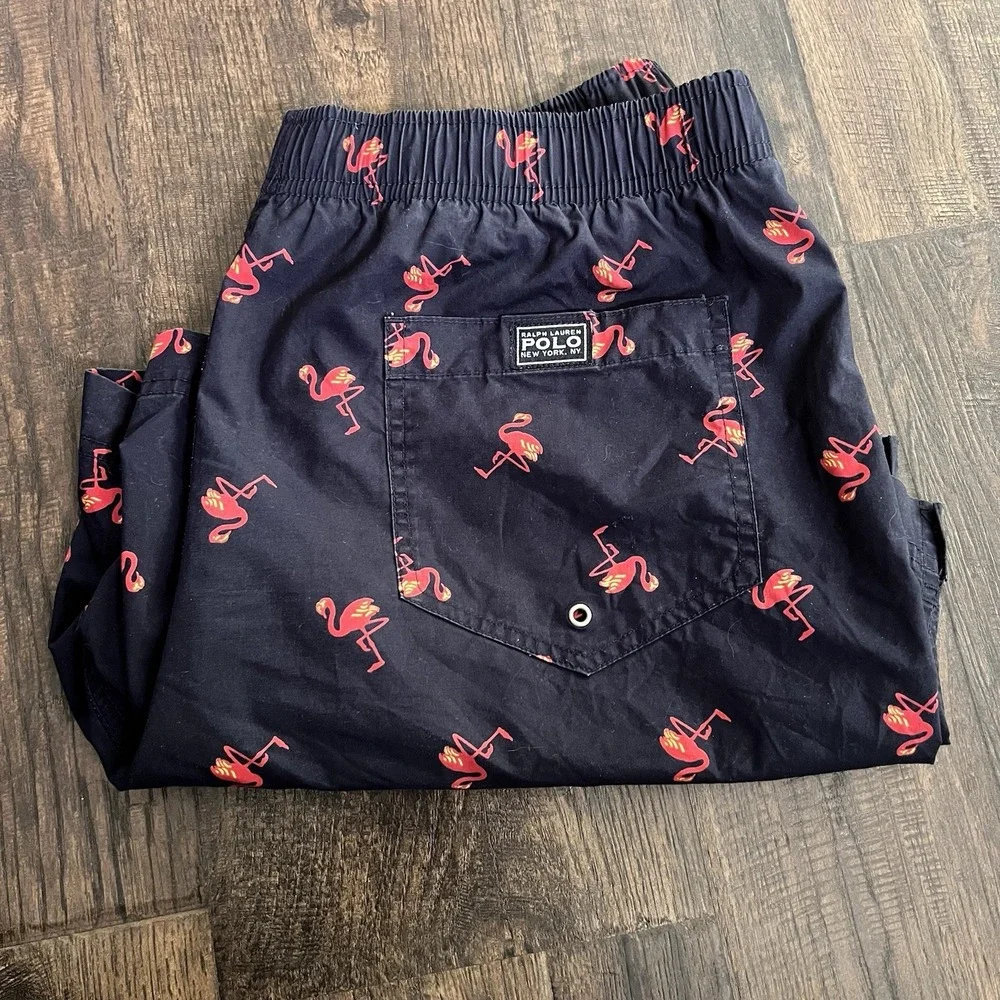 Vintage Polo Sport Ralph Lauren All Over Print Swim Flamingo‎ Swim Trunks M Logo
